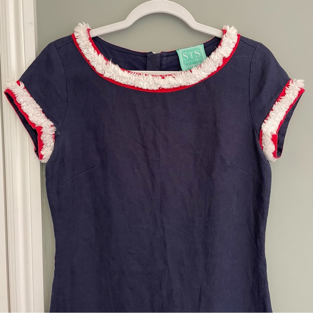 Sail to Sable 100% Linen Navy Blue Red White Fringe Trim Mini Shift Dress 4 - Picture 3 of 13
